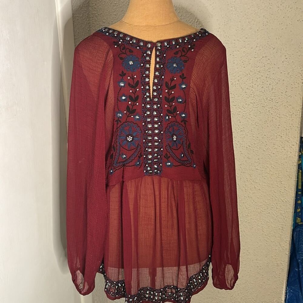 Free People Promesa Peasant Tunic Blouse Sheer Beaded Embroidered Boho M Indie